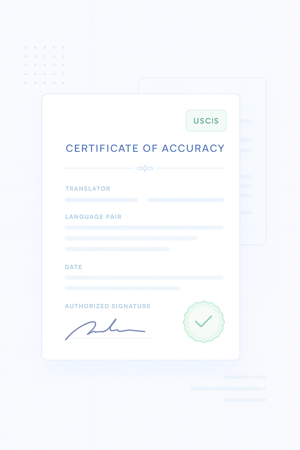 Certified translation packet with signed Certificate of Accuracy